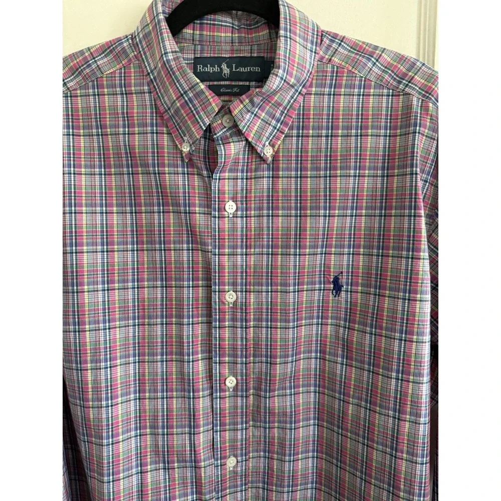 Polo Ralph Lauren Pastel Plaid Button Front Oxford Shirt Classic Fit L Large
